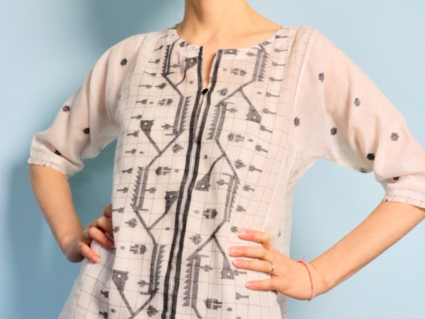 Black and white handloom jamdani cotton dress made by Loom and Stars Slow Fashion Sewing