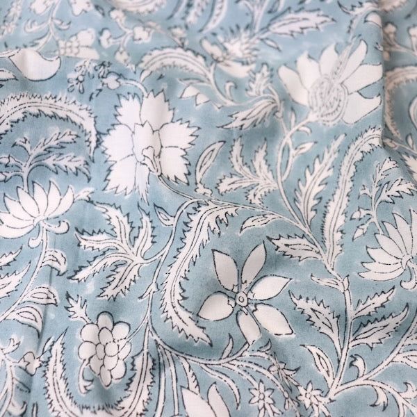 Ocean Blue Floral Print Fabric, Hand Block Print Indian Fabric
