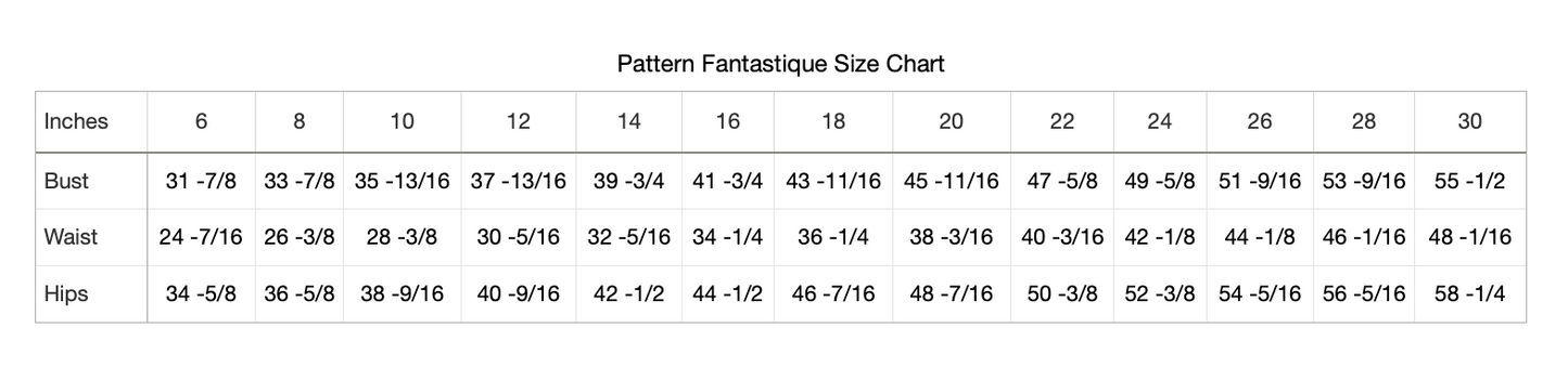 pattern fantastique size chart inches