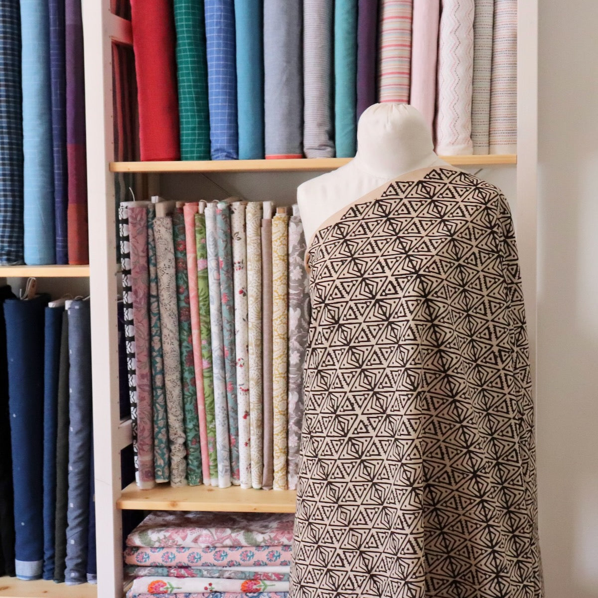 black and beige geometric hand block print cotton fabric yardage