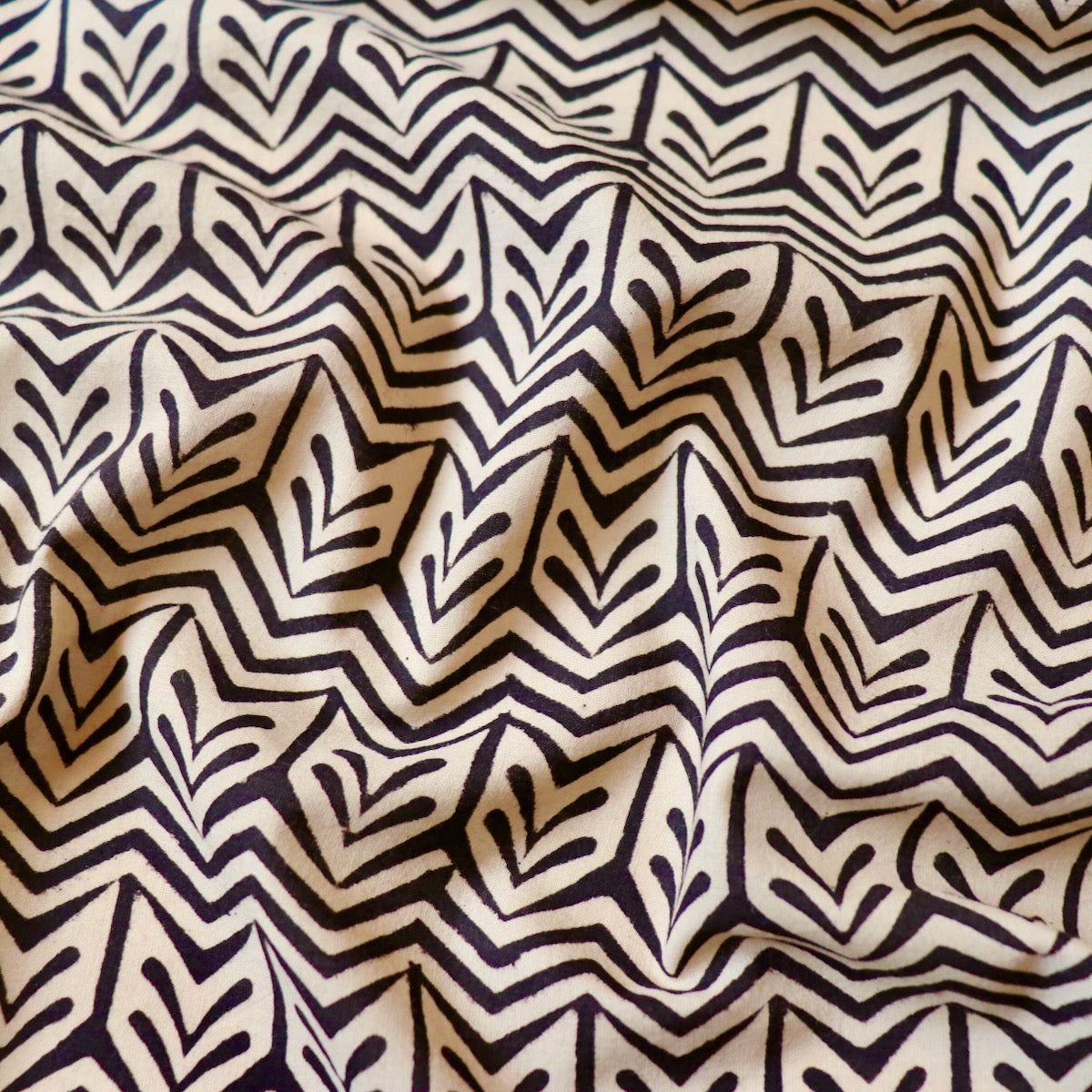 black and beige geometric hand block print cotton fabric yardage