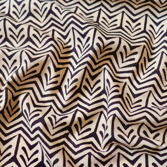 black and beige geometric hand block print cotton fabric yardage