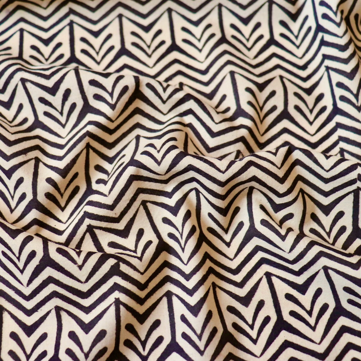 black and beige geometric hand block print cotton fabric yardage