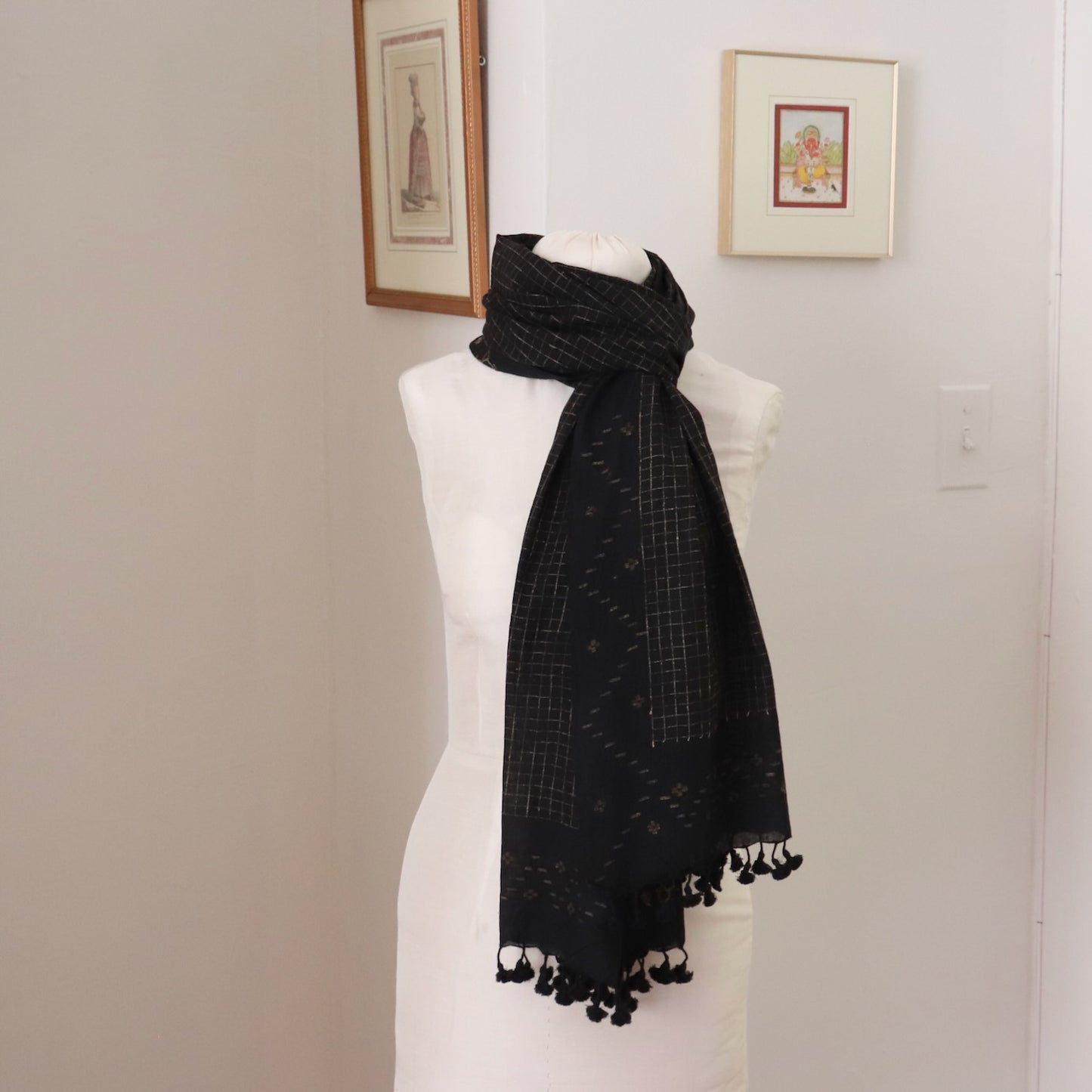 black handwoven cotton scarf with undyed ketia silk and jamdani weave