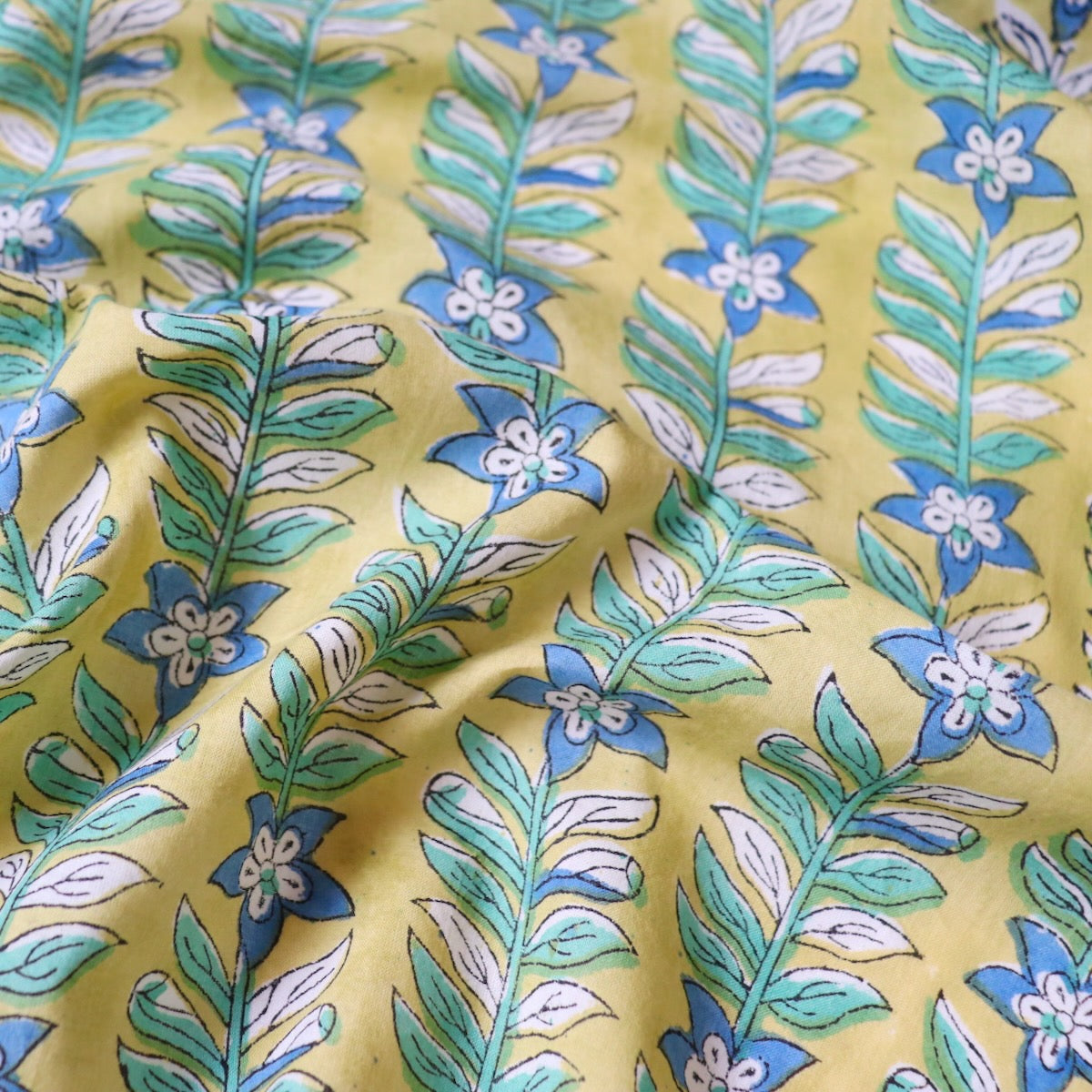 blue and yellow hand block printed soft cotton fabric
