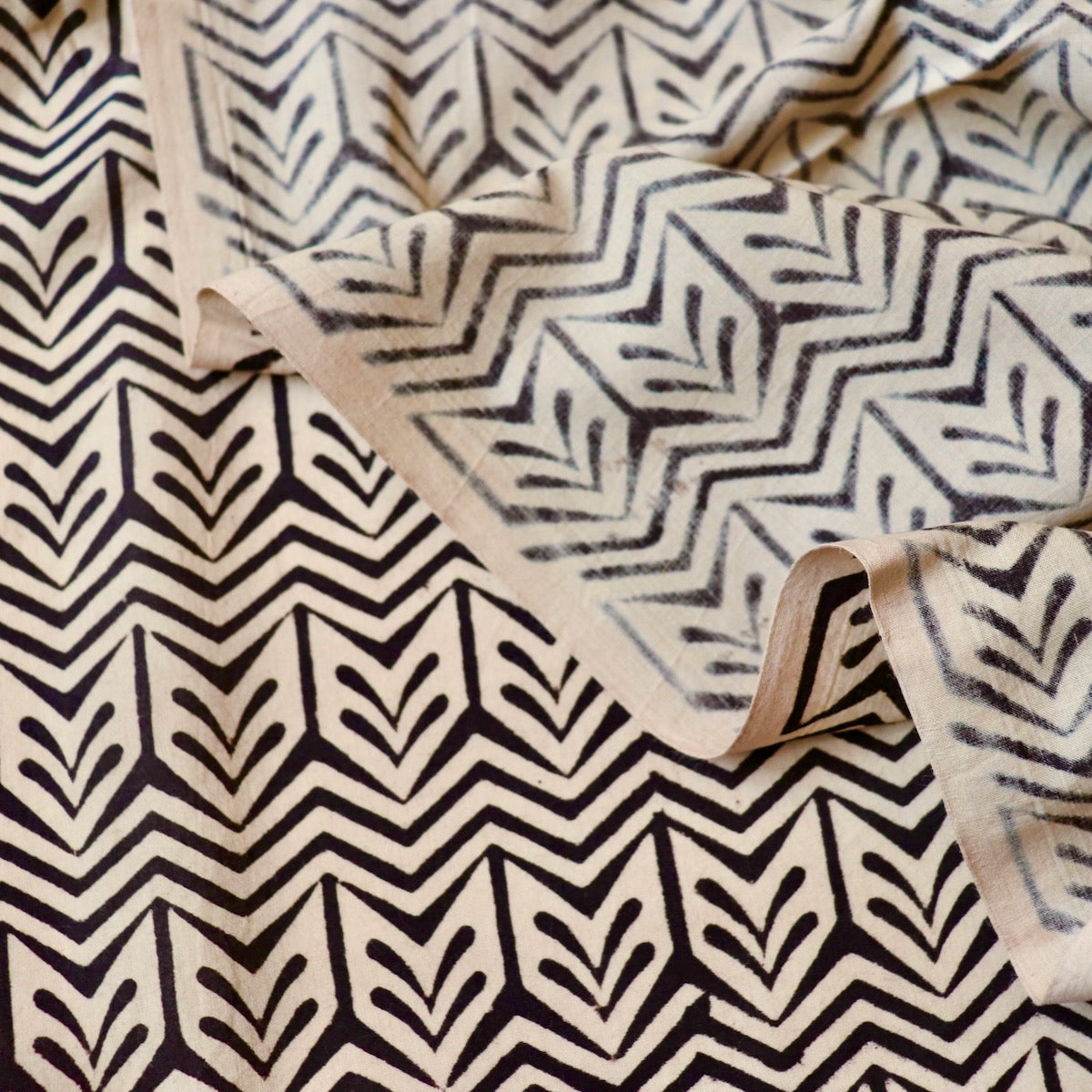 black and beige geometric hand block print cotton fabric yardage