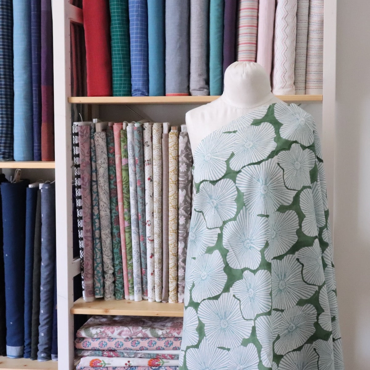 giant floral block print fabric blue and green