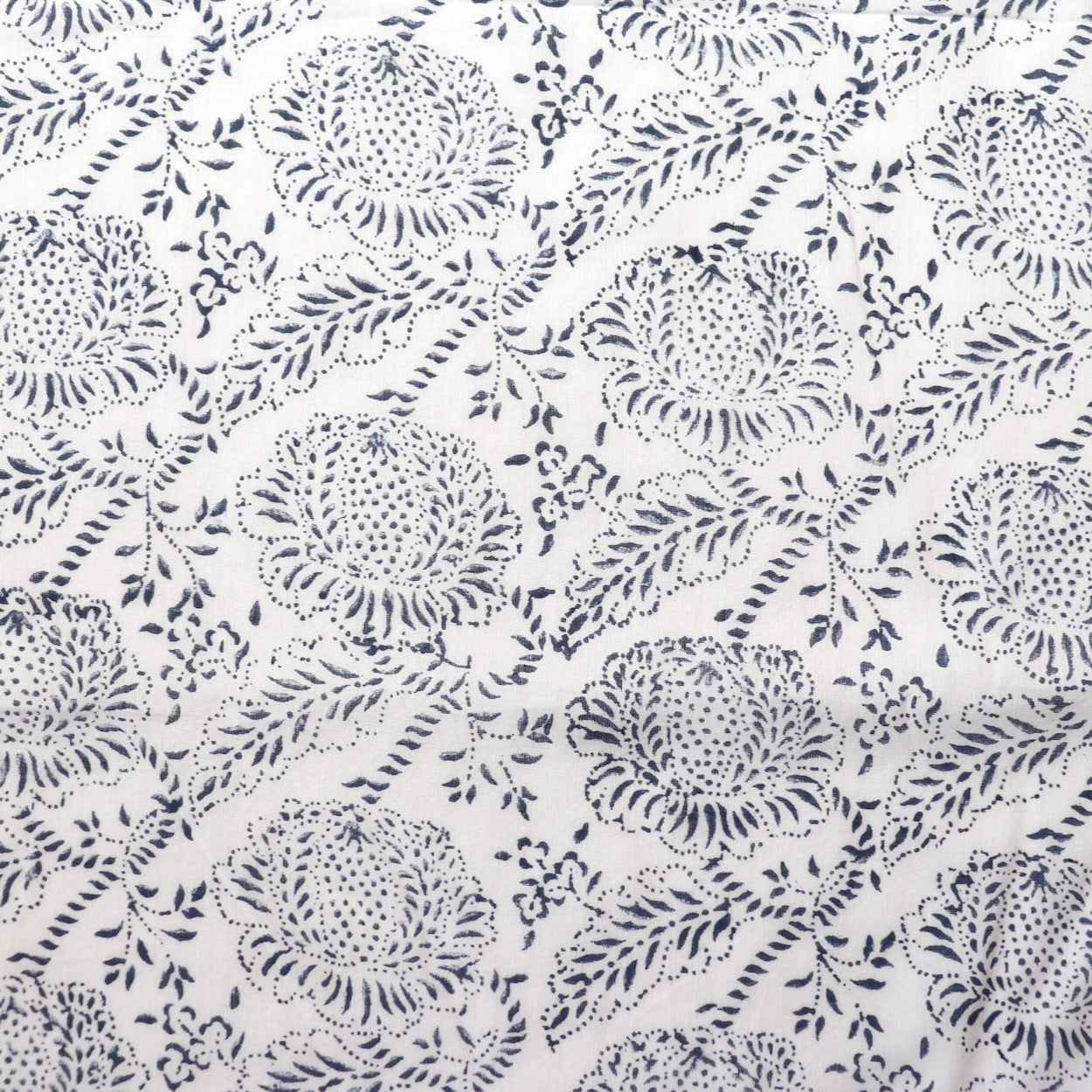 navy and white roses hand block print cotton voile for summer sewing and home decor