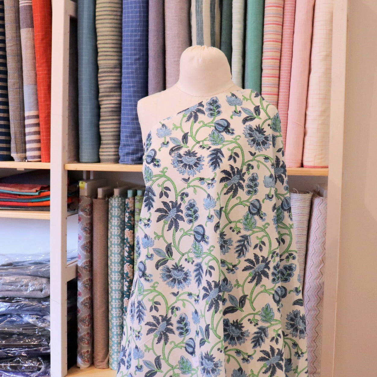 classic blue and white floral hand block print cotton fabric