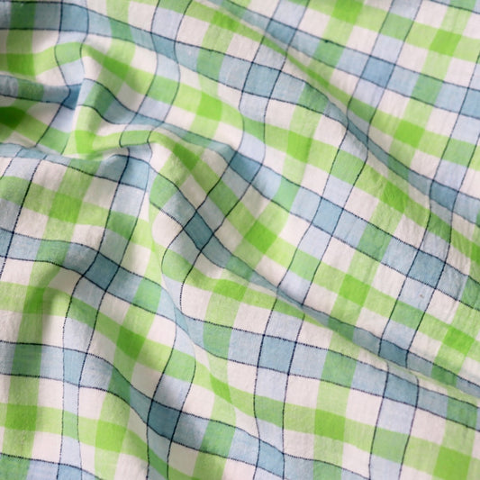 checked cotton fabric handwoven lime green and blue on white