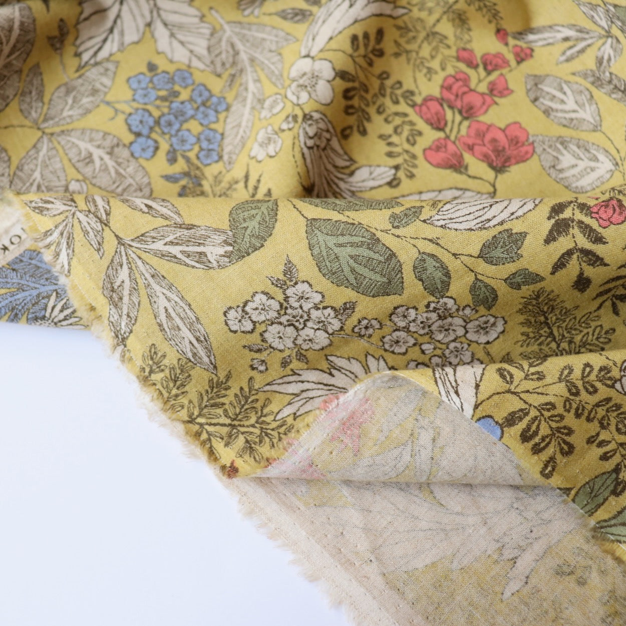 botanical print Hokkoh linen cotton fabric made in Japan yellow and blue