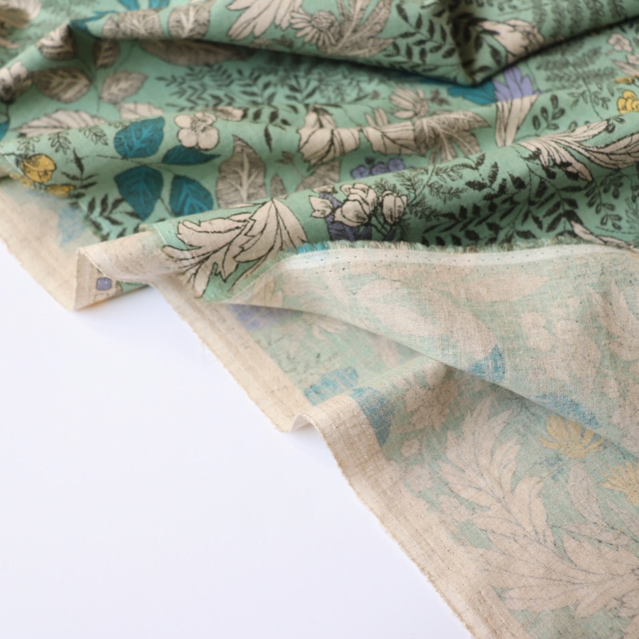 botanical print Hokkoh linen cotton fabric made in Japan mint and yellow