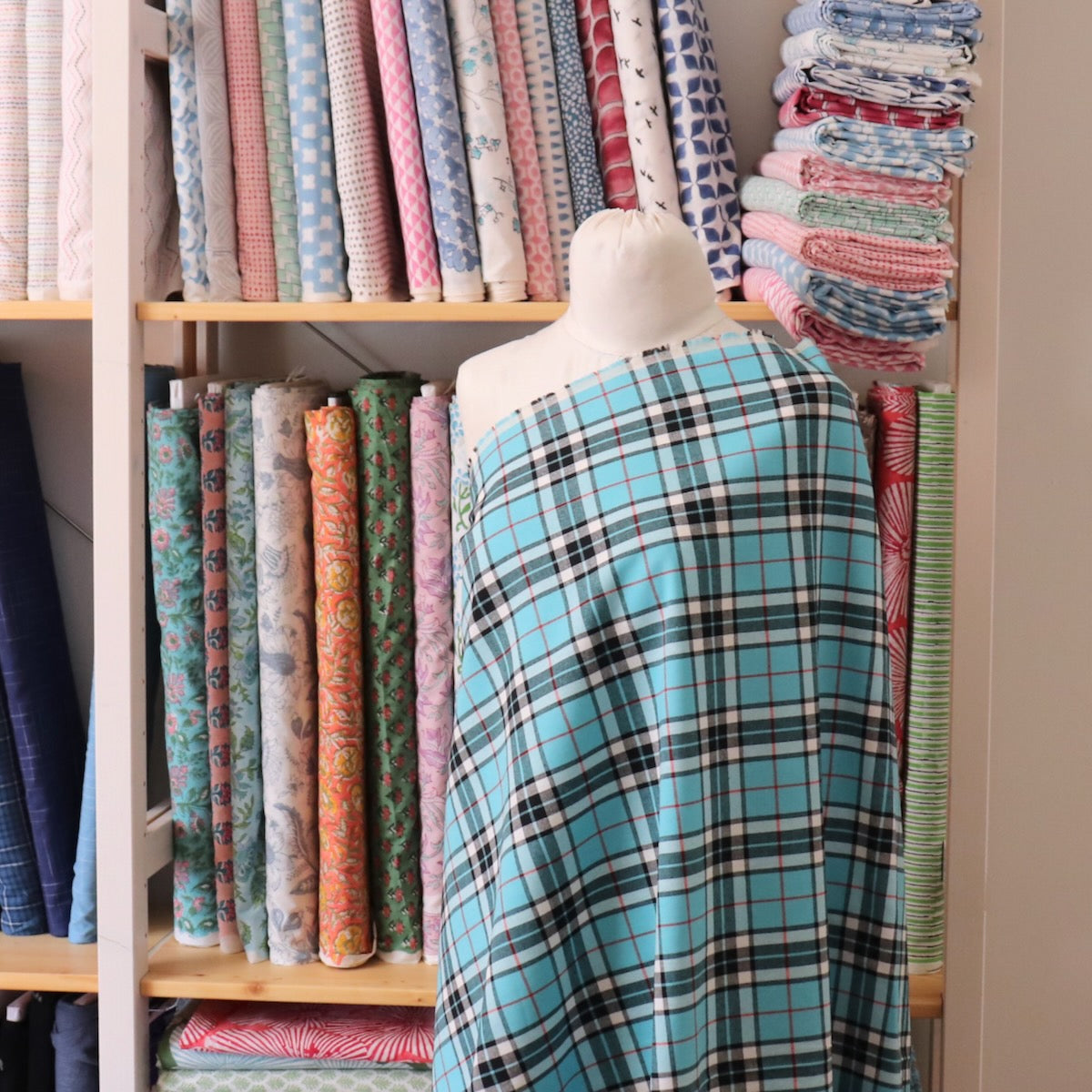 bright blue plaid cotton fabric yardage made in Japan