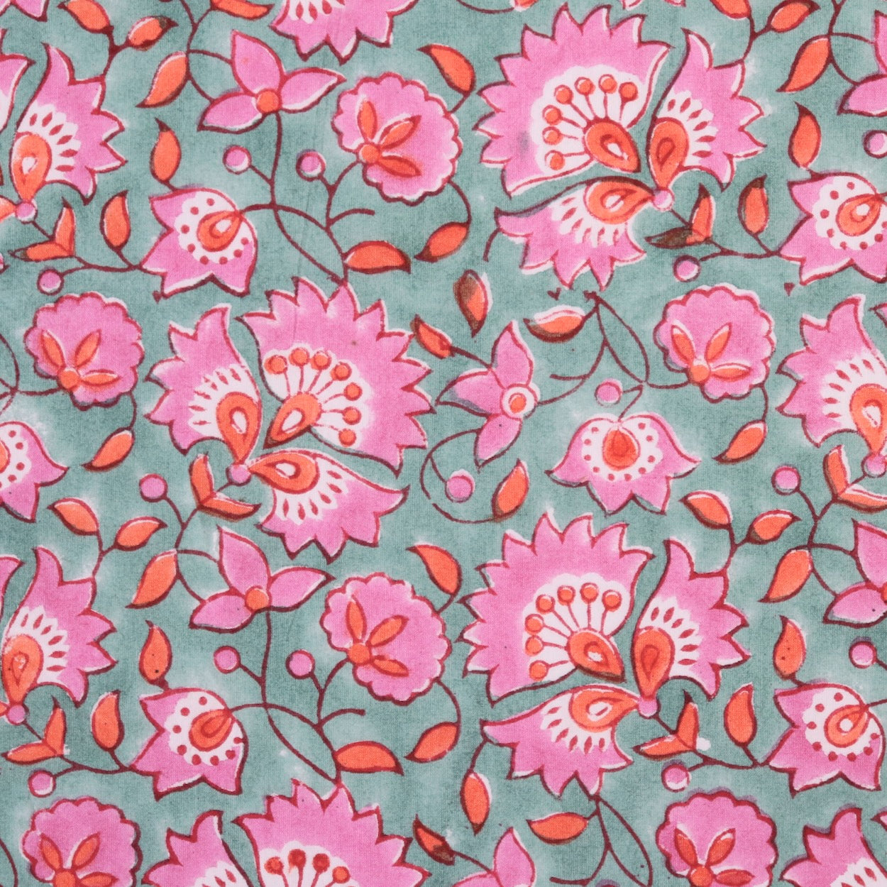 bright pink and blue hand block print cotton dress fabric