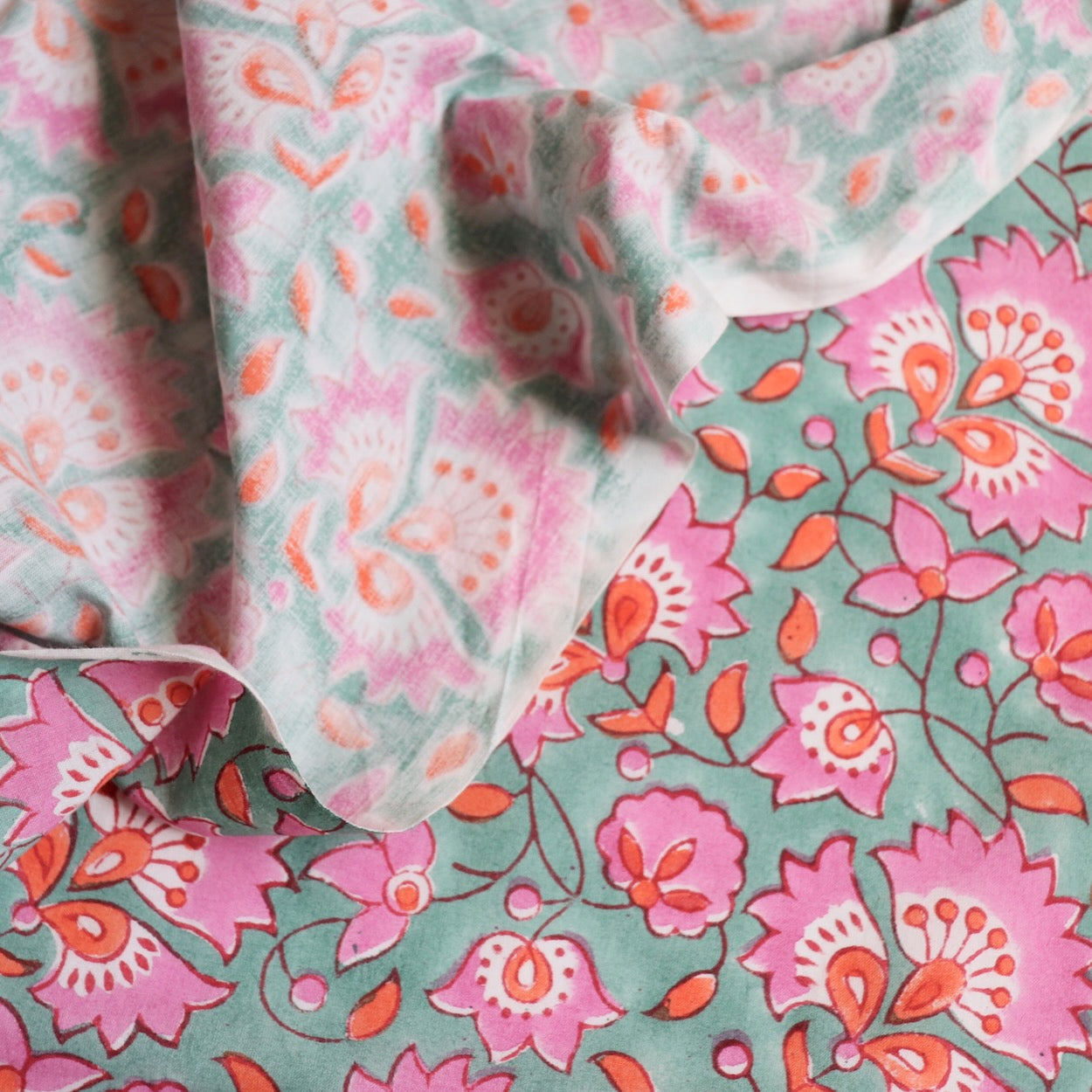 bright pink and blue hand block print cotton dress fabric