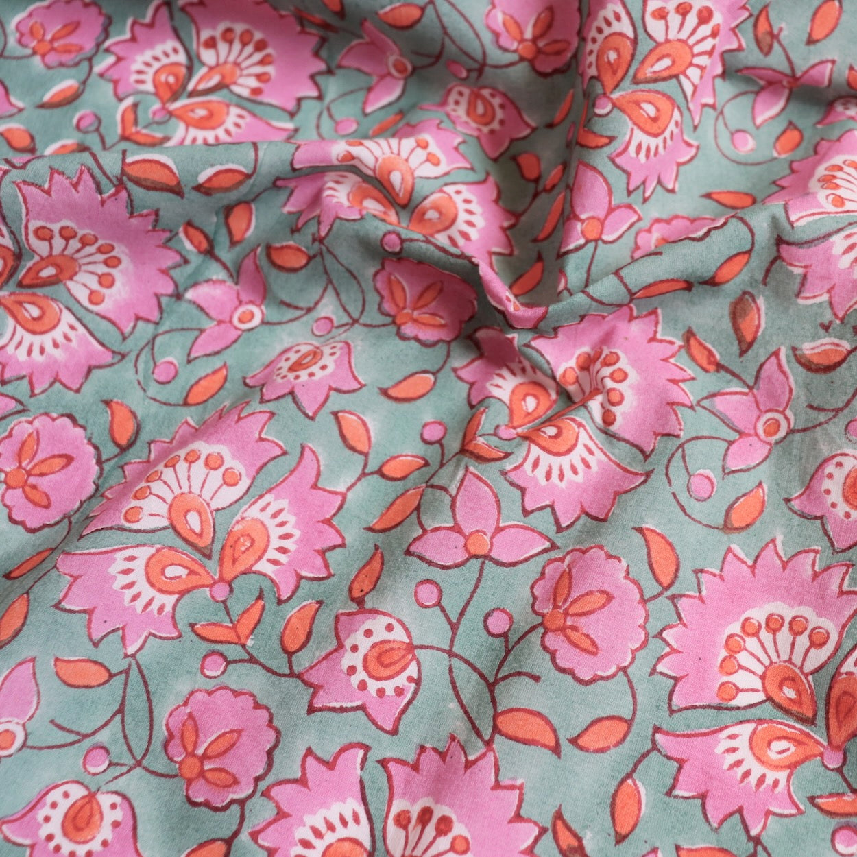 bright pink and blue hand block print cotton dress fabric