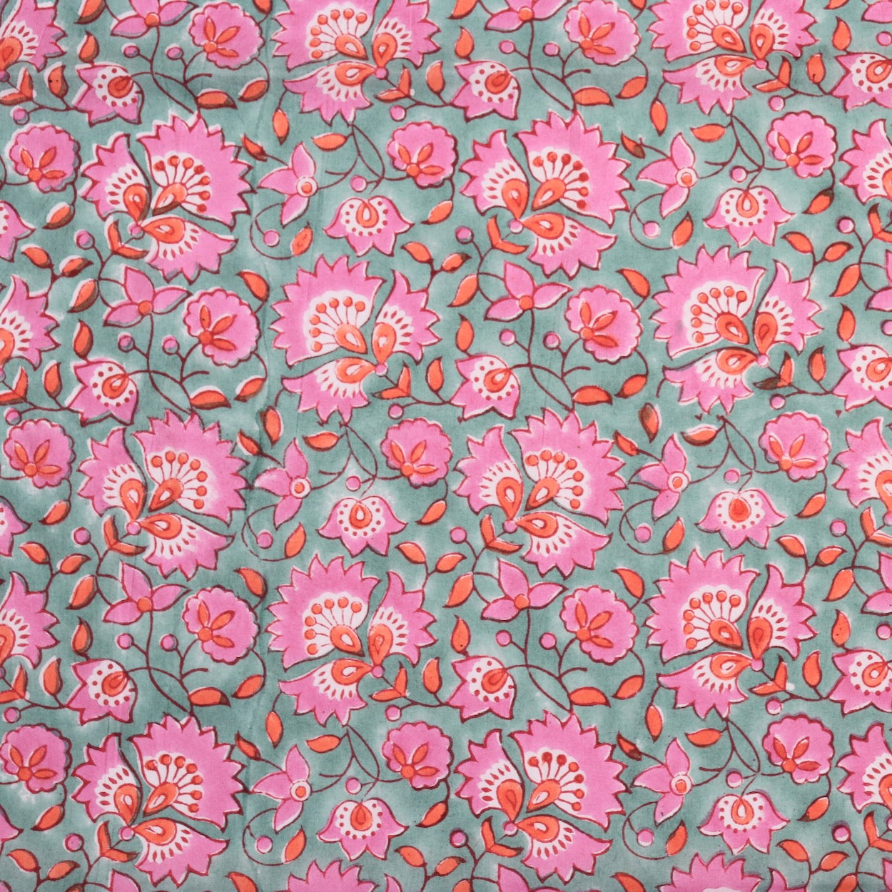 bright pink and blue hand block print cotton dress fabric