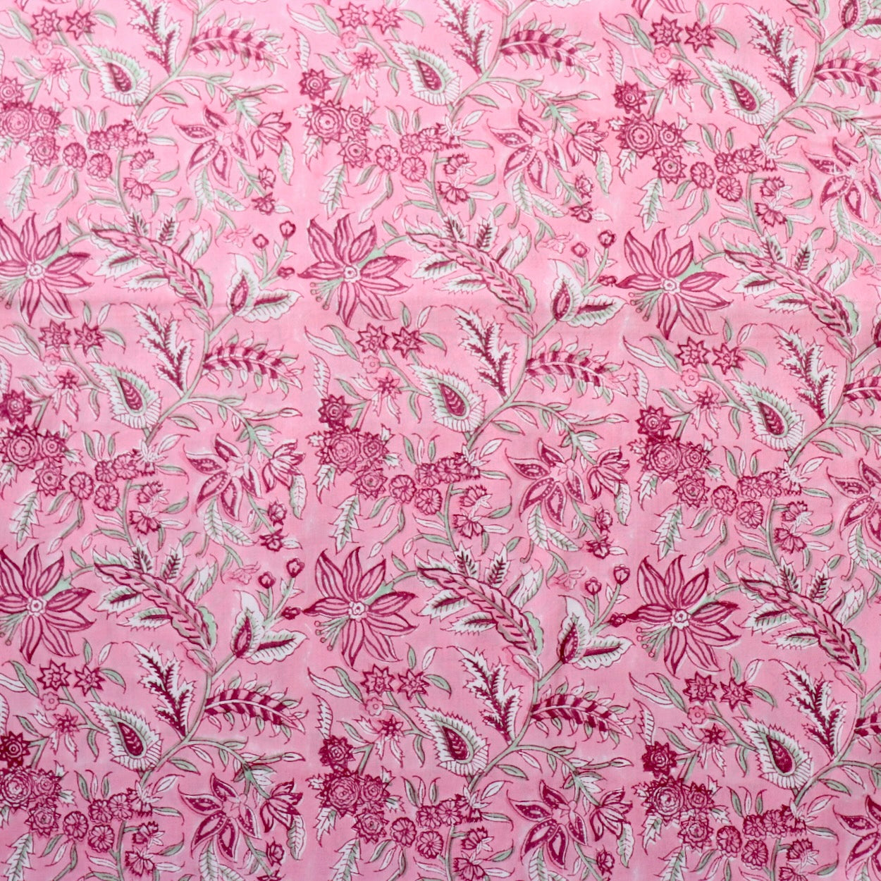 bright pink floral hand block print cotton fabric by the yard