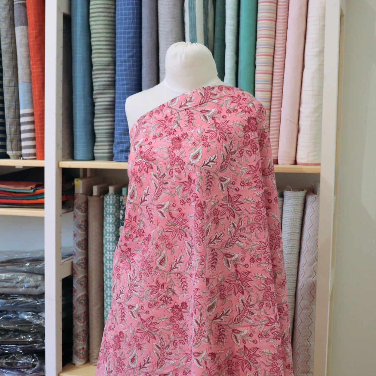bright pink floral hand block print cotton fabric by the yard