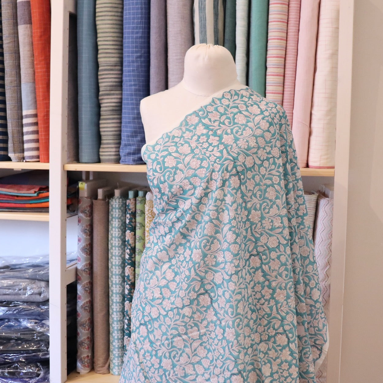 wood block print cotton fabric turquoise and white floral