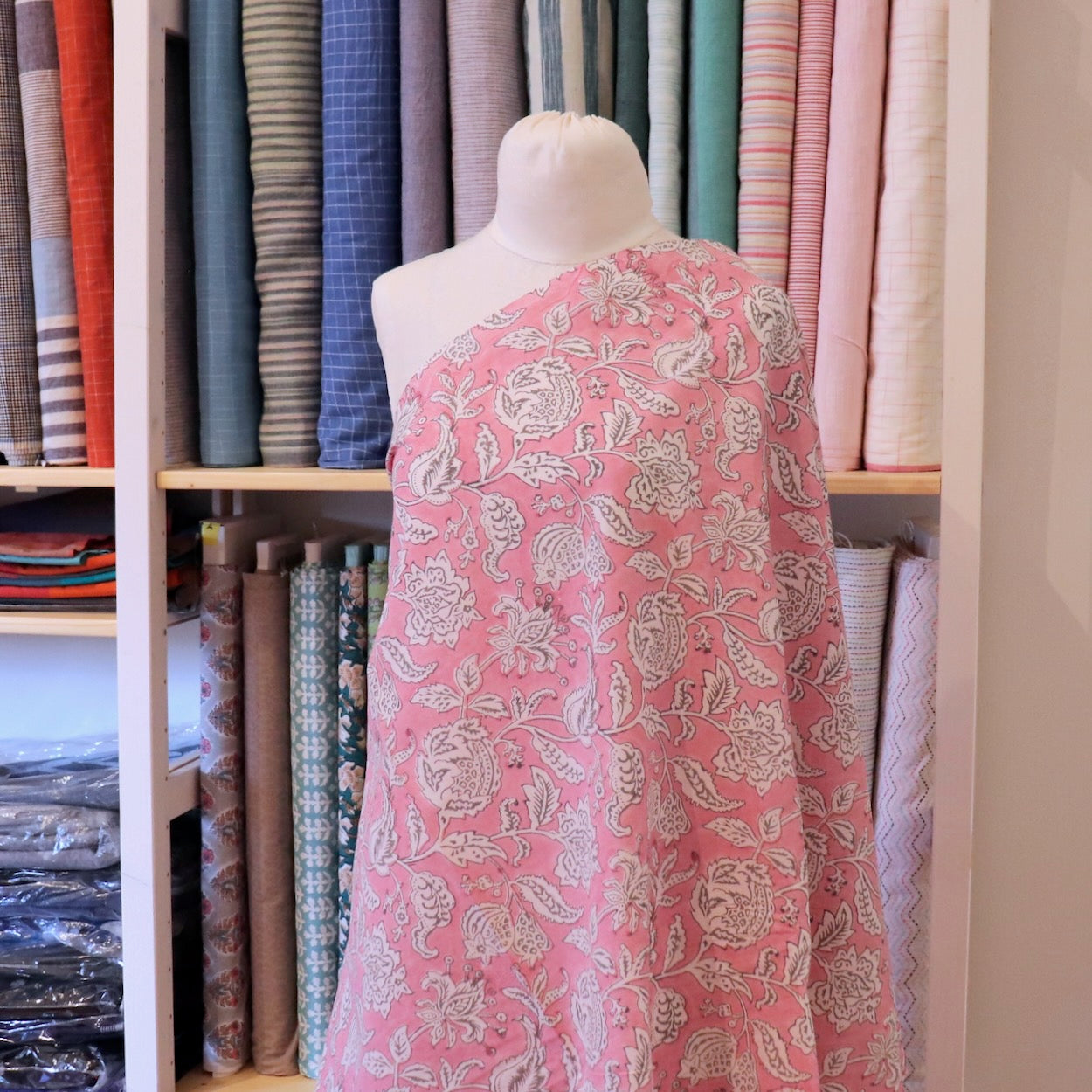 classic floral hand block print pink and white fabric by the yard
