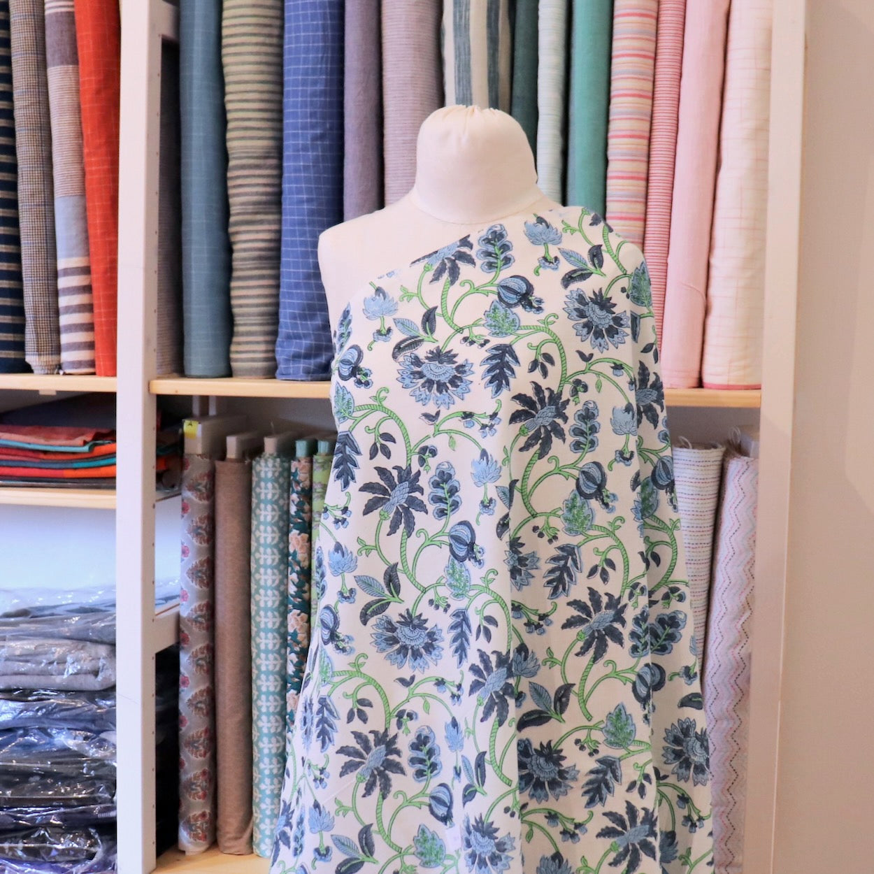 classic blue and white floral hand block print cotton fabric