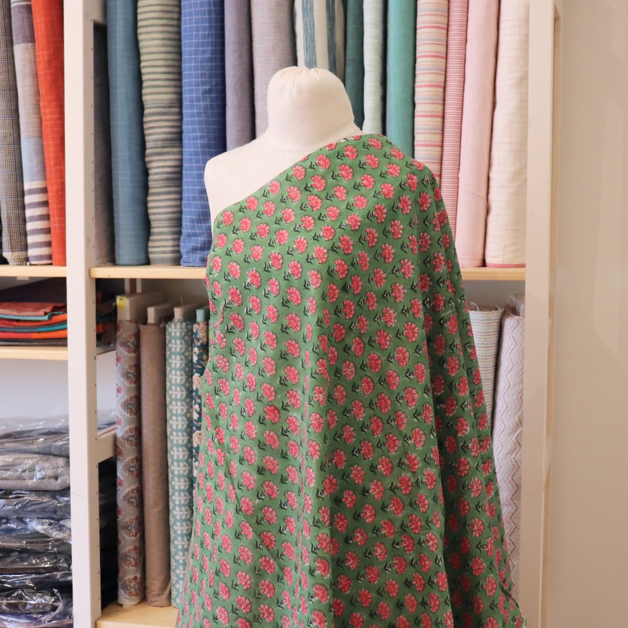 bright pink and green floral hand block print cotton for quilting and dressmaking