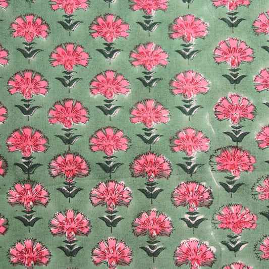 bright pink and green floral hand block print cotton for quilting and dressmaking