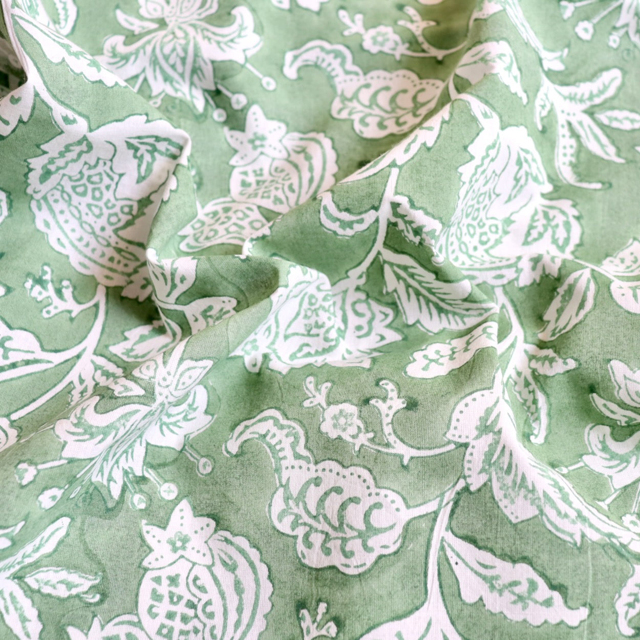 green and white traditional floral hand block print cotton fabric