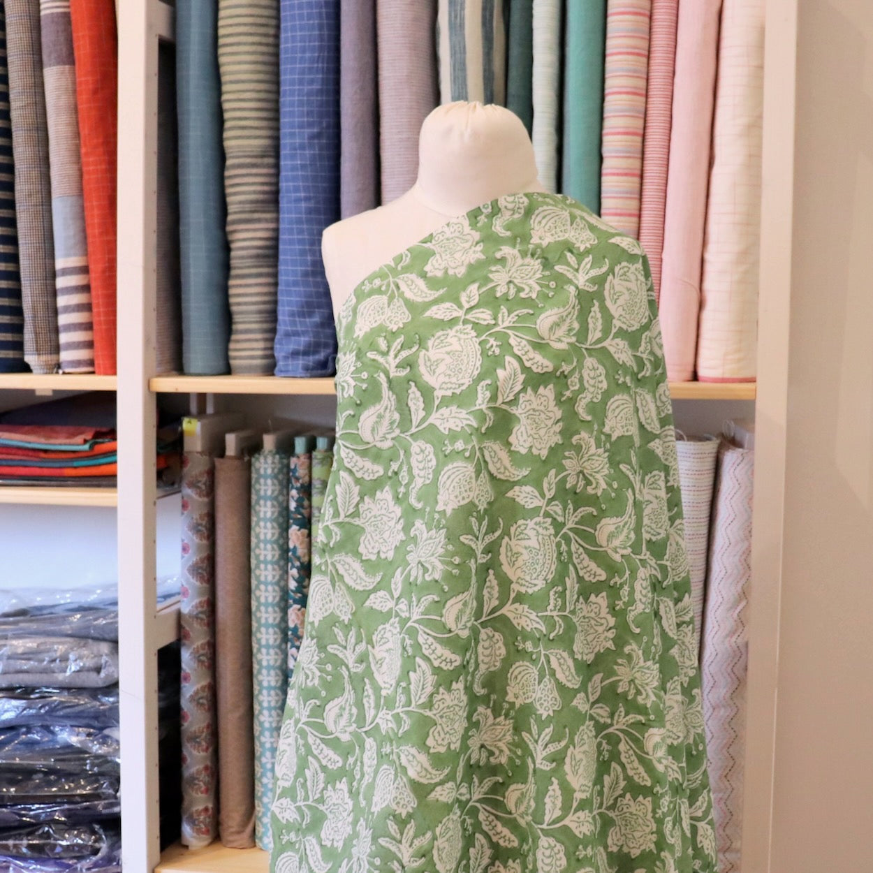 green and white traditional floral hand block print cotton fabric