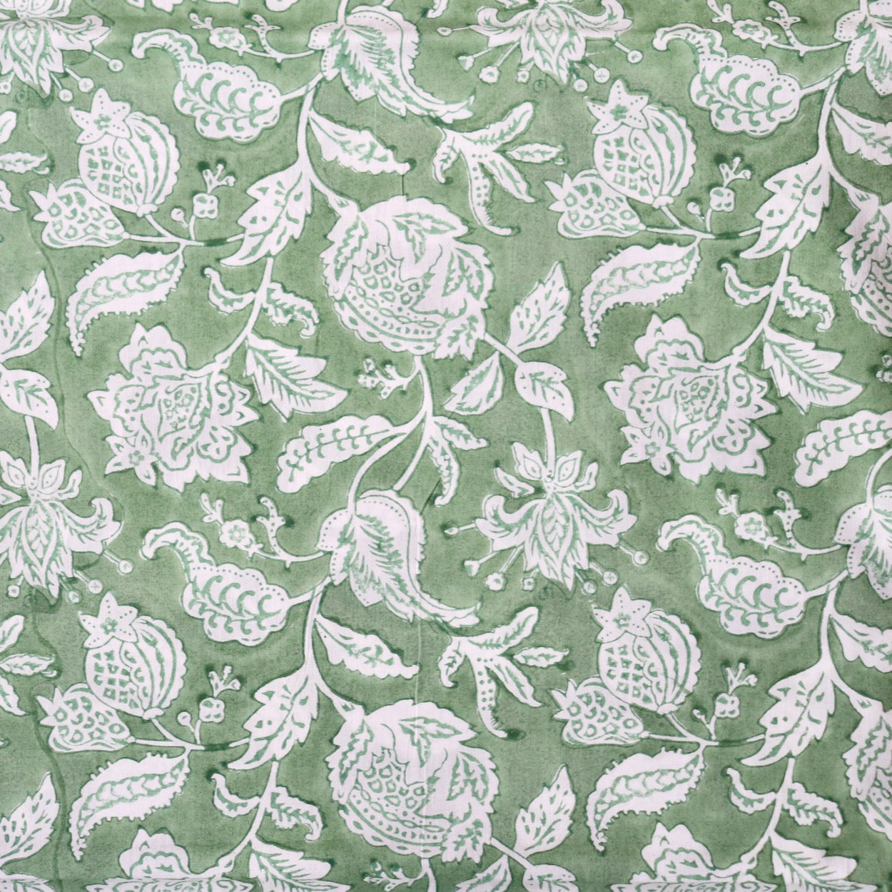 green and white traditional floral hand block print cotton fabric