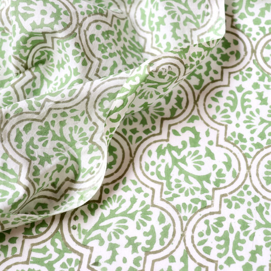 green and white block print Indian cotton fabric