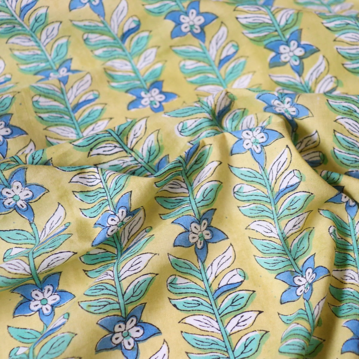 blue and yellow hand block printed soft cotton fabric