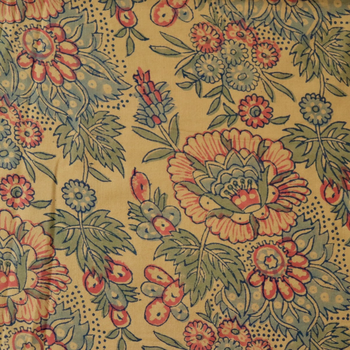 floral hand block print cotton fabric red on mustard yellow