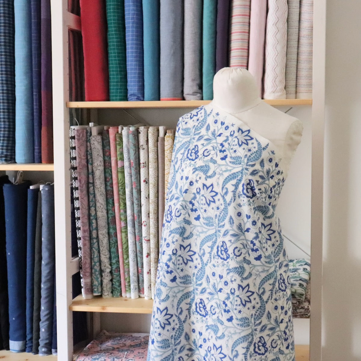 classic blue and white floral hand block print fabric silky cotton by the yard