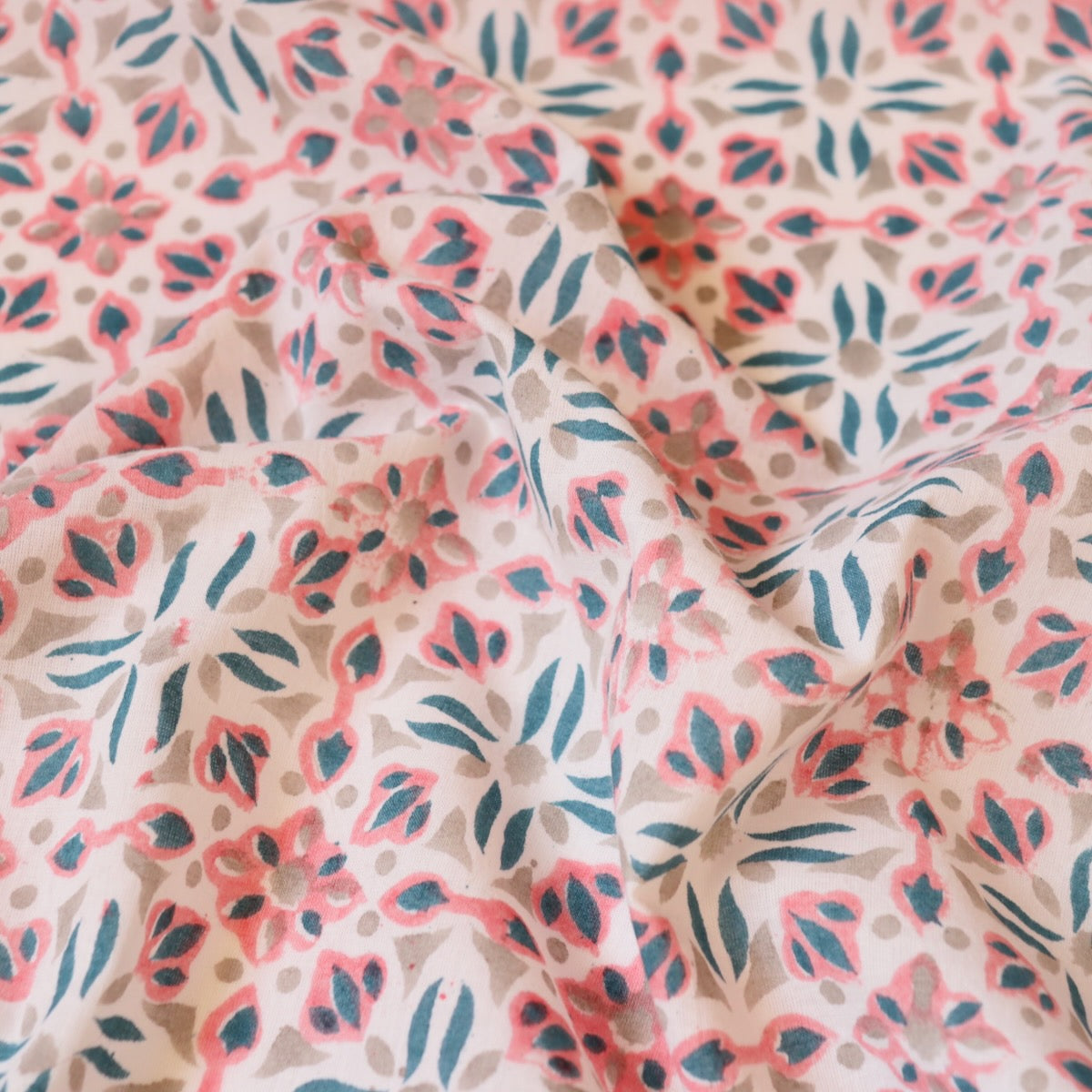 indian block print fabric pink and blue geometric design cotton yardage