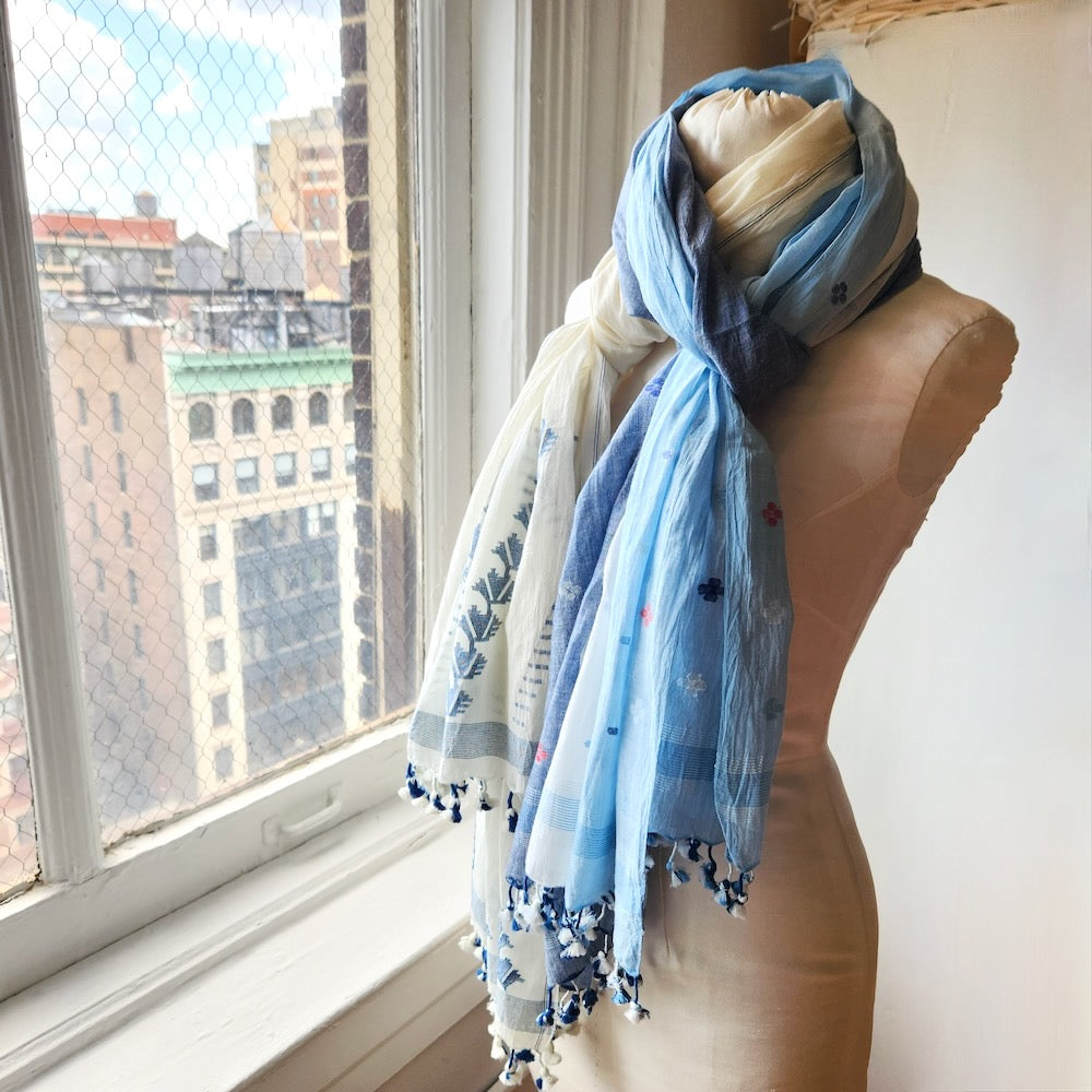 super soft handloom cotton scarves jamdani weave natural indigo dyed