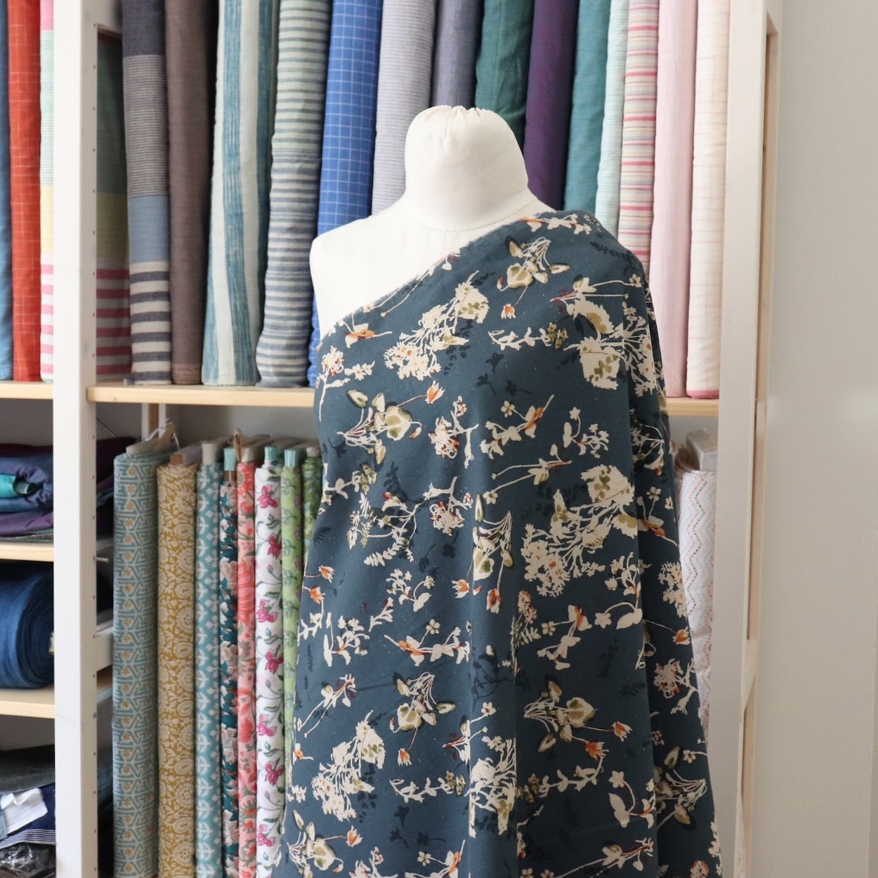 japanese fabric linen cotton blend Hokkoh blue and natural floral print