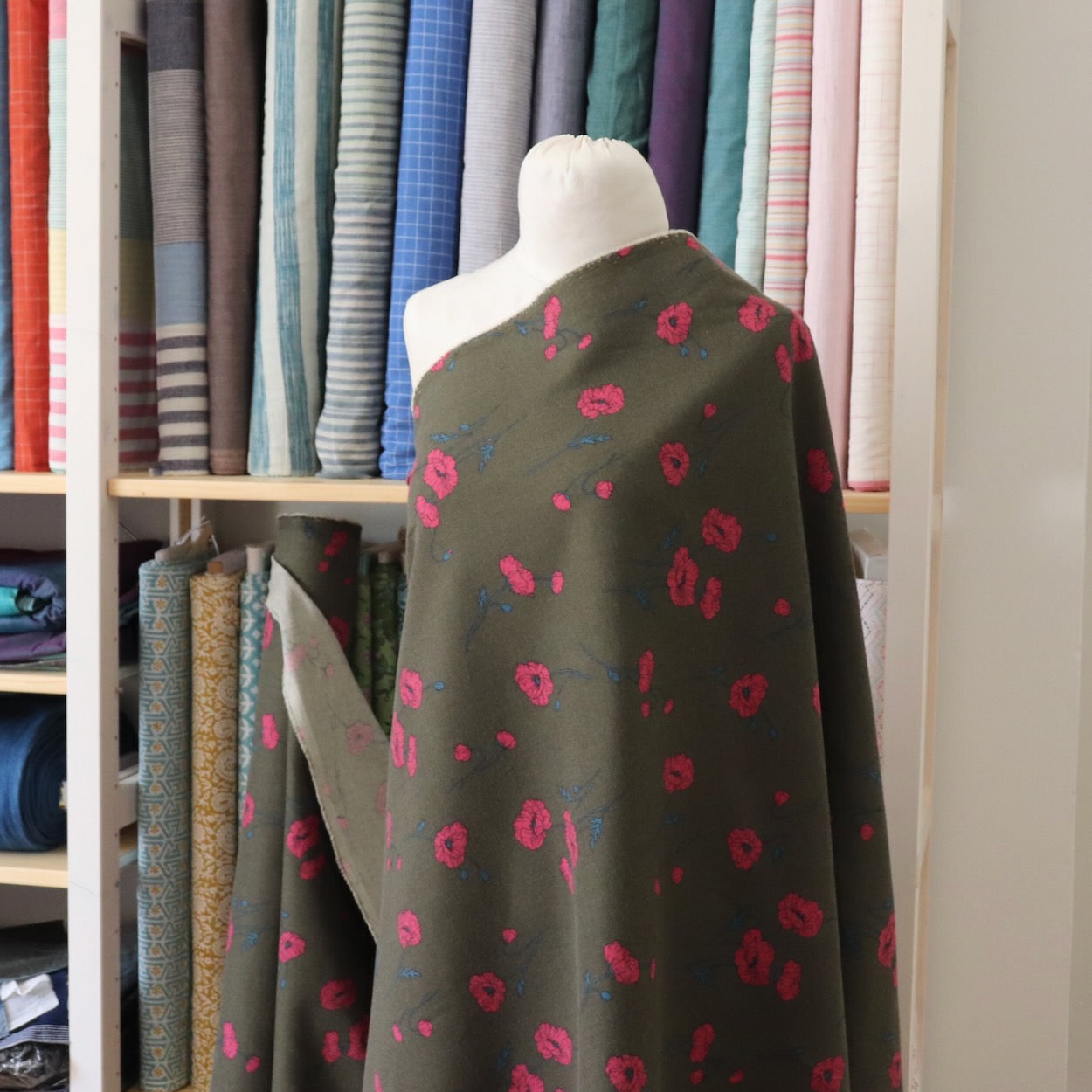 hokkoh poppies print bushed cotton fabric flannel pink and brown
