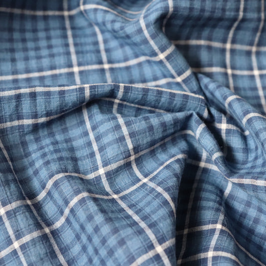 naturally dyed indigo blue cotton fabric with white checks handwoven reenactment shirt material