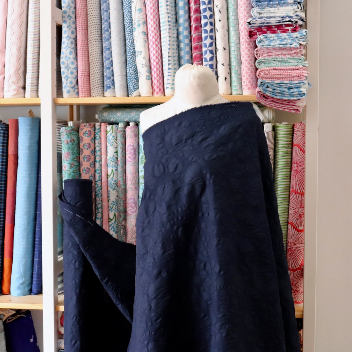 Swatch — Embossed Floral Cotton Linen — Navy