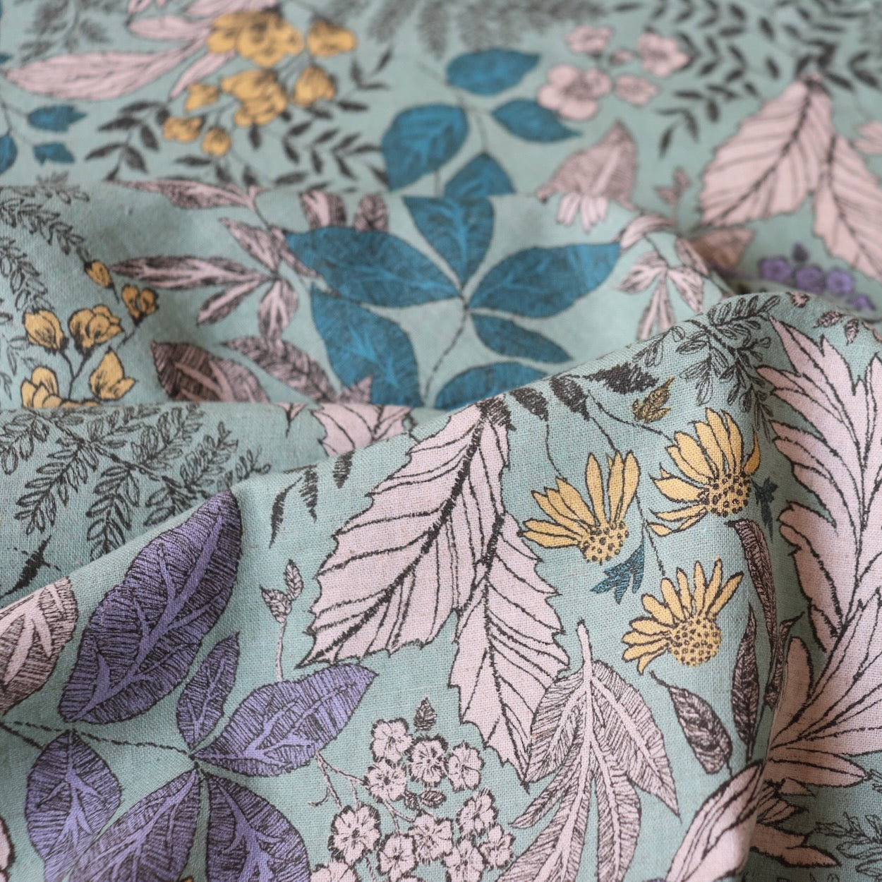 botanical print Hokkoh linen cotton fabric made in Japan mint and yellow
