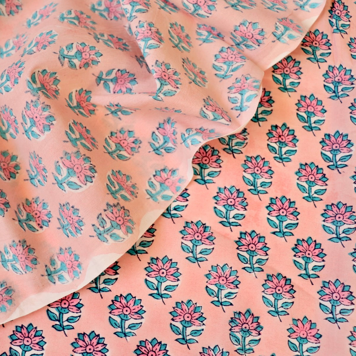 pink and blue traditional hand block Indian floral print cotton fabric