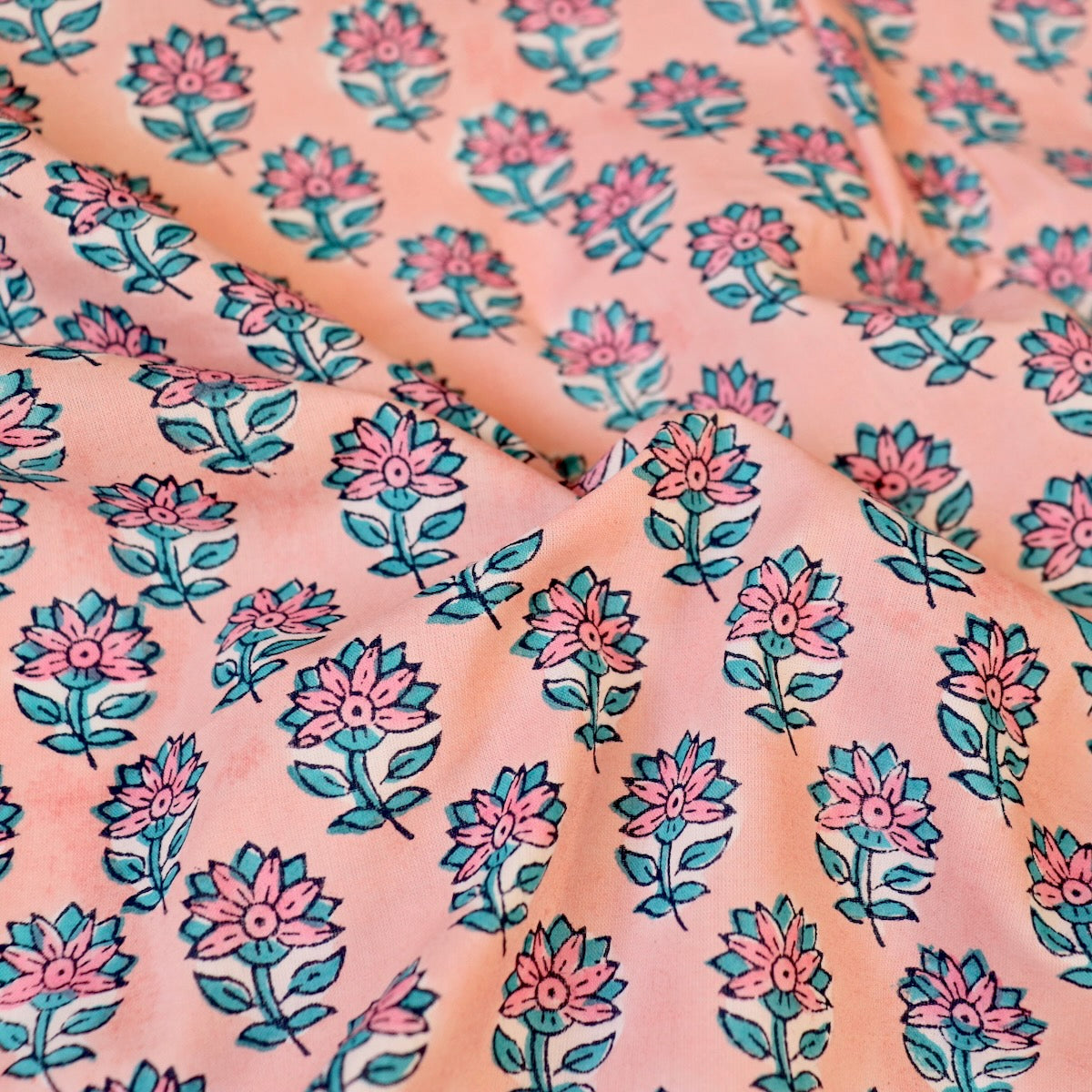 pink and blue traditional hand block Indian floral print cotton fabric