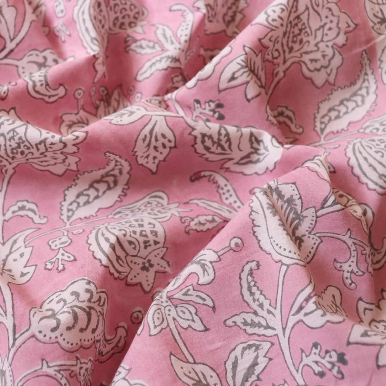 classic floral hand block print pink and white fabric by the yard