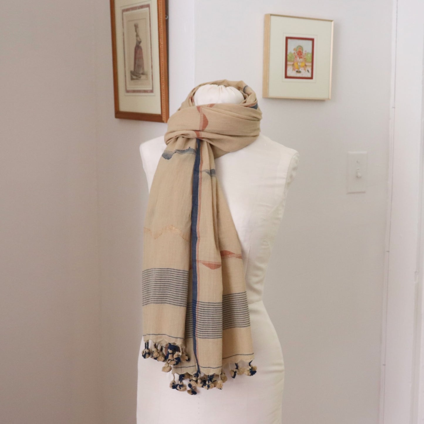 natural tea dyed handloom cotton scarf with indigo jamdani weave