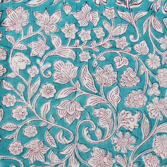wood block print cotton fabric turquoise and white floral 
