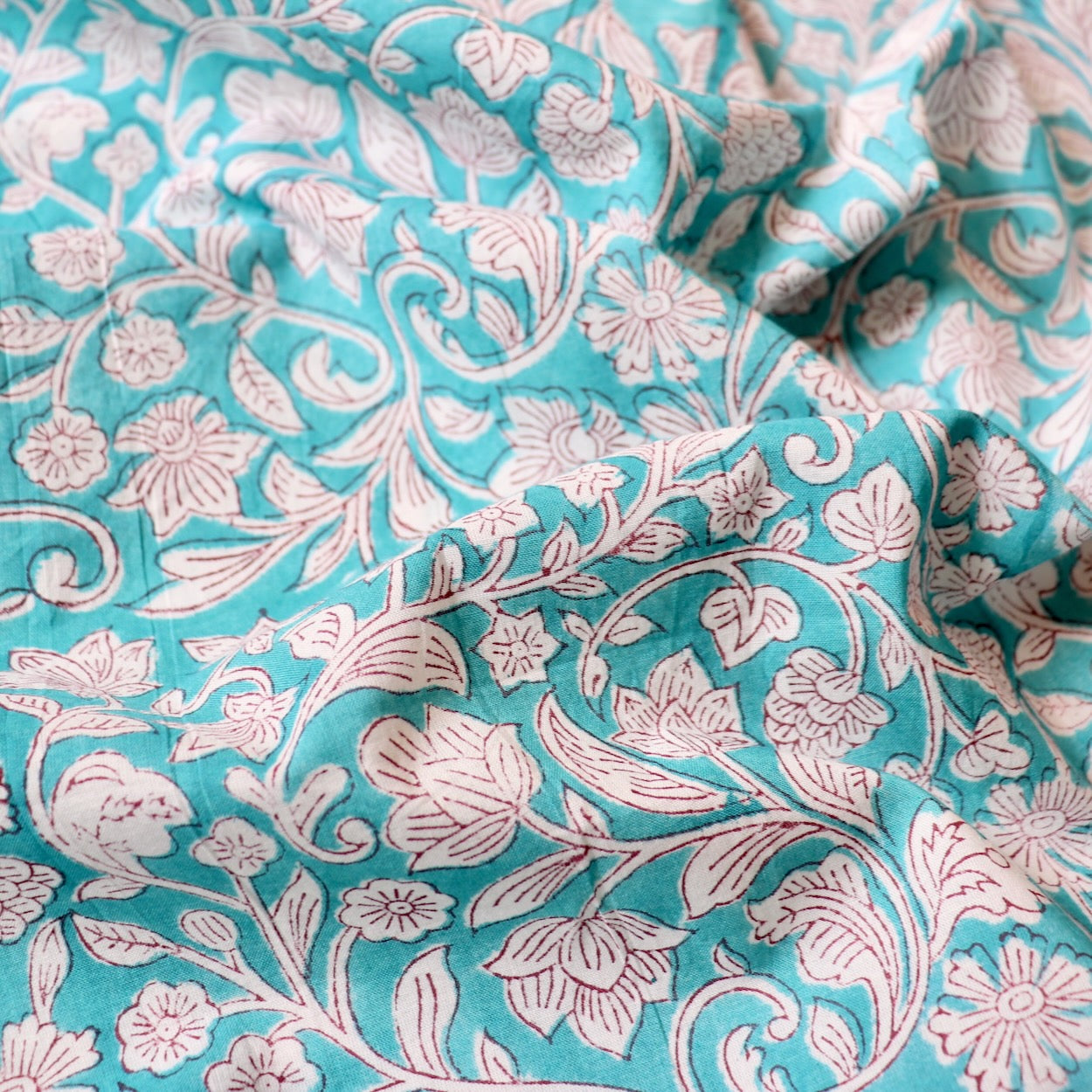 wood block print cotton fabric turquoise and white floral 