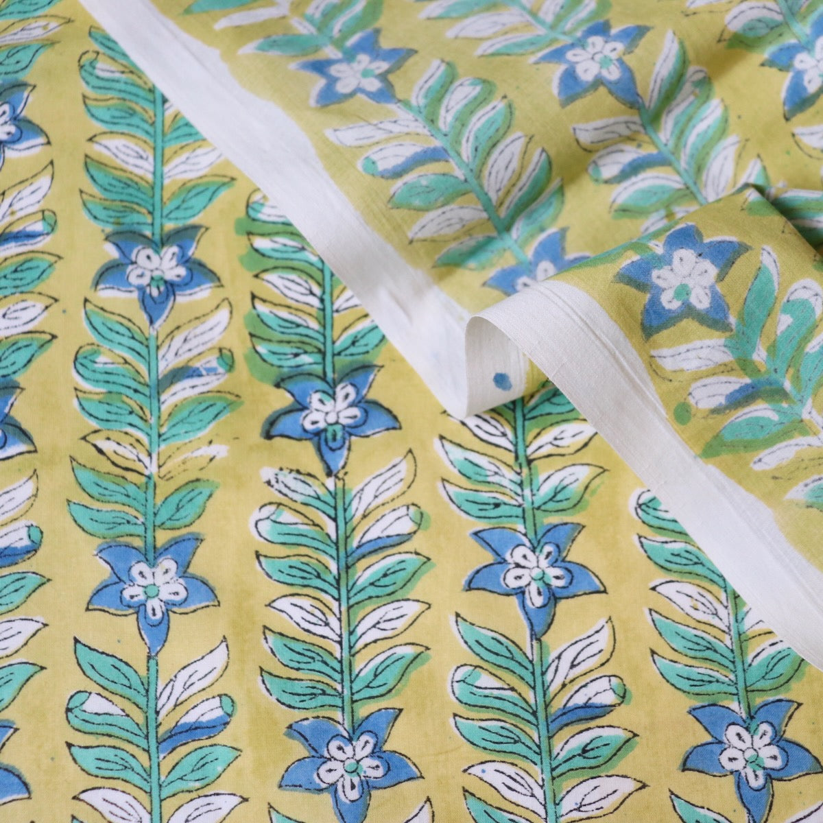 blue and yellow hand block printed soft cotton fabric