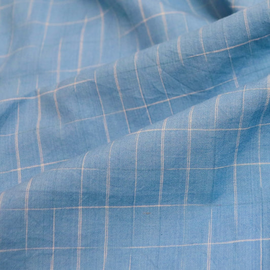 blue and white yarn-dyed check handloom cotton fabric